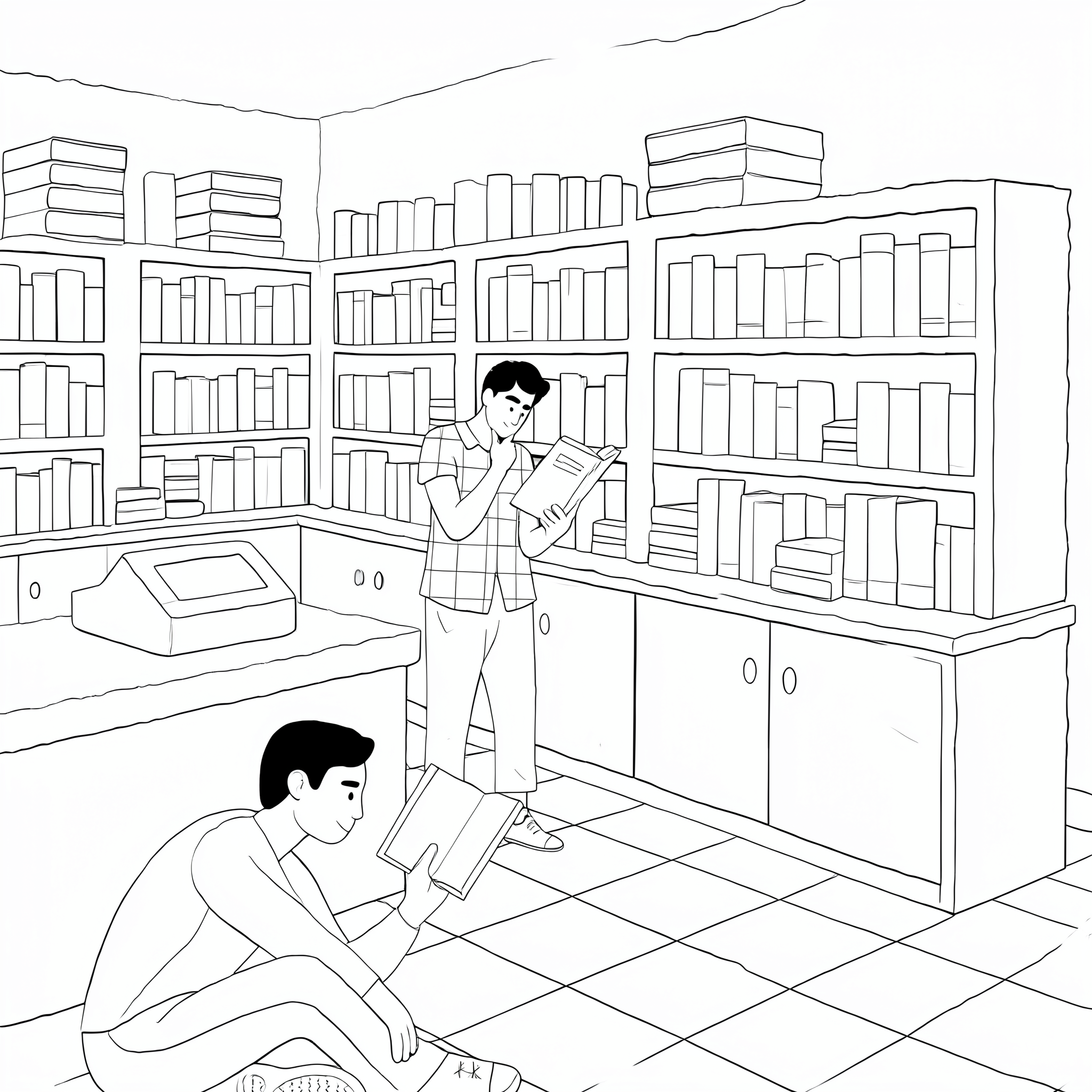 2K clean line-art interpretation of two people reading in a library